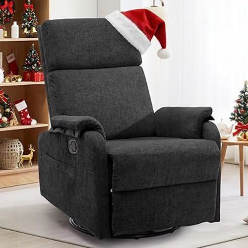 Recliner Chairs, Swivel Rocking Recliner Chair for Adults, Glider Rocking Chair, Small Nursery Chair Recliner for Living Room, Reclining with Modern-Designed Armrests, Chenille, Black