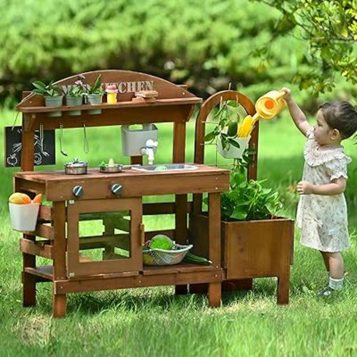 Outdoor Mud Kitchen for Kids 43.7in, Wooden Play Kitchen with Plant Growing Box, Observation Room, Sink, Faucet for Backyard Garden