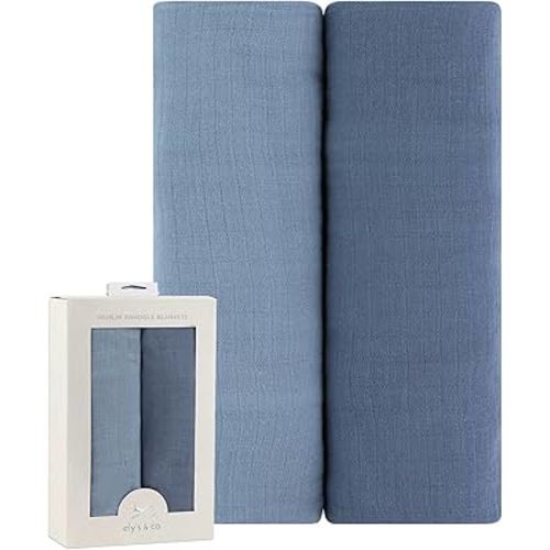 Ely's & Co. Cotton Muslin Swaddle Blanket 2-Pack for Baby Boy — 100% Cotton Muslin Extra-Large Swaddle Blankets (47” x 47”) — Sapphire Blue & Indigo Blue