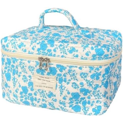 Lake Blue Large Quilted Floral Makeup Bag Cute Soft Coquette Aesthetic Cosmetic Bag Cotton Travel Toiletry Bag for Women
