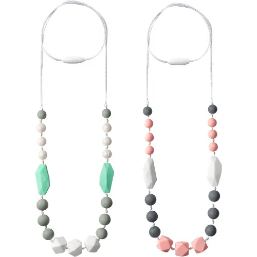Baby Teething Necklace for Mom - 2PCS Babies Nursing Necklaces for Mom to Wear, Sensory Teether Toy for Kids Adults Toddlers, Teethers Jewelry for Baby Shower Birthday Gift (Pink White, Green)