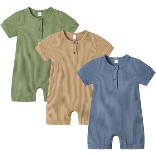Bafeicao Baby Boy Girl 2/3 Pack Solid Romper Ribbed Short/Long Sleeve Bodysuit Jumpsuit Infant Knitted Outfits Clothes
