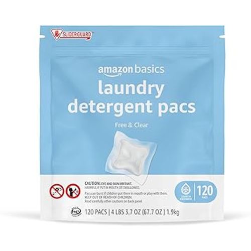 Amazon Basics Laundry Detergent Pacs, Hypoallergenic, Free & Clear, 120 Count (New Packaging)