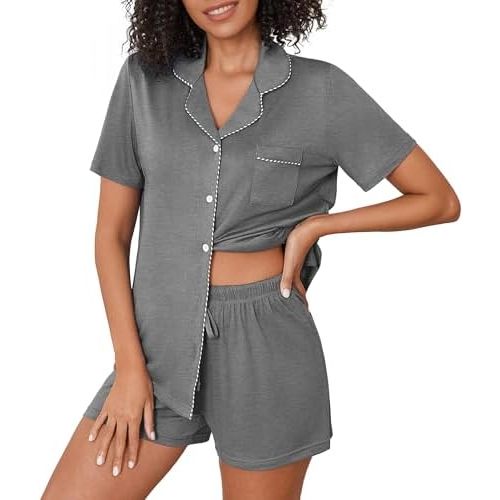 Ekouaer Pajama Set Women Classic Loose Short Sleeve Button Down Pjs Set Soft Sleepwear Loungewear with Pockets