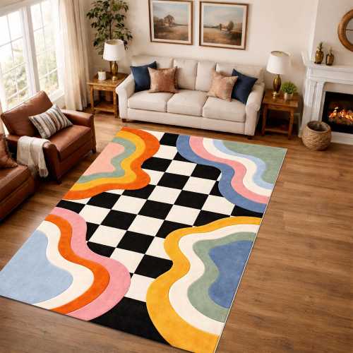 Colorful Abstract Checkered Rug, Retro Rainbow Wavy Carpet, Funky Checkerboard Area Rug