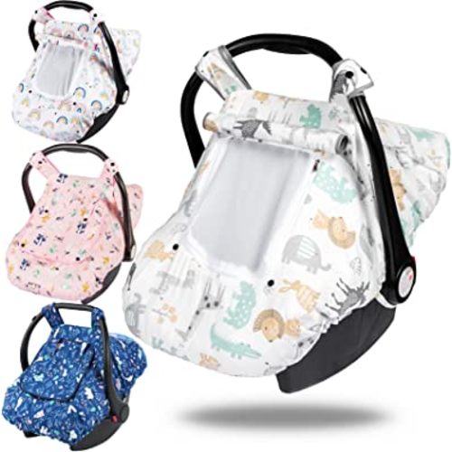 Button Baby Car Seat Covers with Peep Window and Storage Bag - Carseat Canopy Suitable 4 Seasons (Mesh for Thermal Insulated, Inside Minky Material for Protecting Baby from Wind and Cold Temperatures)