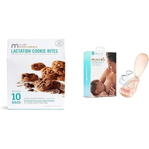 Munchkin® Flow 20mm Nipple Shield + with See-Thru Channel to Watch Milk Flow and Lactation Cookie Bites, Oatmeal Chocolate Chip, 10 Ct