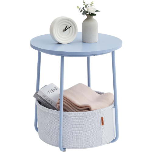 Small Round Side End Table, Modern Nightstand with Fabric Basket