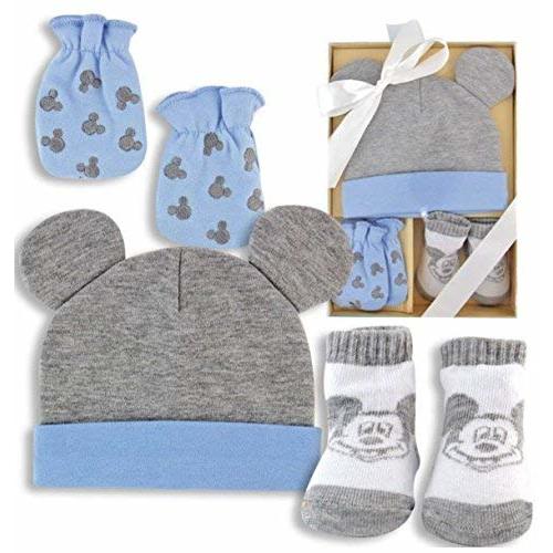 Disney Mickey Mouse Baby Boy Gift Set - Hat, Scratch Mittens, Socks - Gift Boxed New Baby Gift Blue and Gray