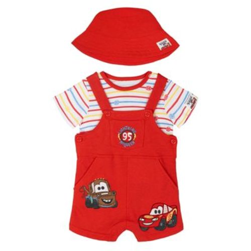 Disney Cars Baby Boys' Printed Snap Closure Top and Embroidered French Terry Overalls Outfit with Sun Hat McQueen Mater Red 6-9 Months