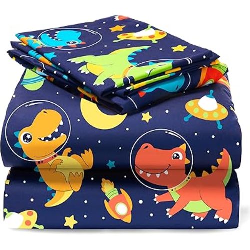 Joiedomi Kids Full Sheet Set Space Dinosaur - 4 Piece Soft Microfiber Bed Sheets - Deep Pocket Wrinkle Free, Cozy Toddler Bedding Set, Fade Resistant Breathable for Boys Girls Teens