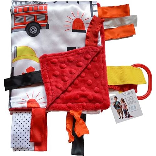 Baby Sensory, Security & Teething Closed Ribbon Tag Lovey Blanket with Minky Dot Fabric: 14”X18” (Firefighter)