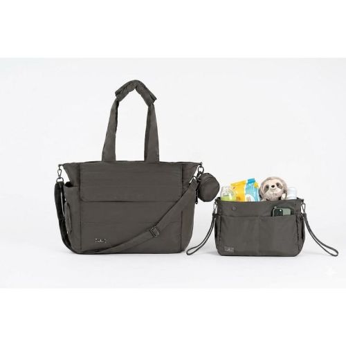 BabbleRoo Flo 2 in 1 Universal Stroller Caddy Organizer and Puffer Tote Diaper Bag Combo, Black