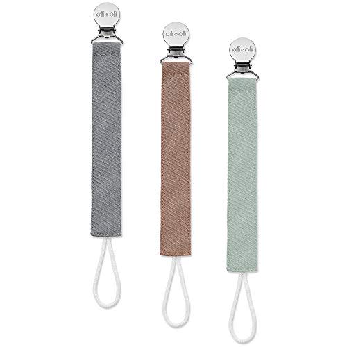 Ali+Oli Linen Strap Pacifier Clip (Forest) Set of 3 (10" x 1") Baby Pacifier Holder for Newborn Pacifiers & Teethers, Binky Clips, Silicone-Free Pacifier Clips