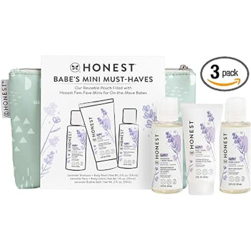 The Honest Company Babe's Mini Must Haves Gift Set Travel Size Hypoallergenic Lavender Bathtime Essentials Shampoo Body Wash (2 fl oz) Face Lotion (1 Bubble Bath