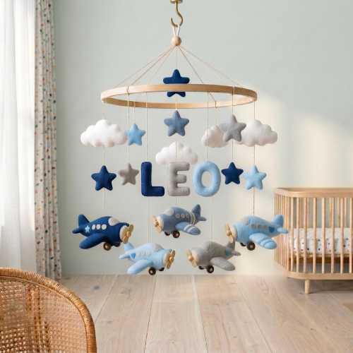 Personalized Airplane Helicopter Baby Mobile, Custom Name Nursery Decor, Aviation Star Cloud Theme Baby Shower Gift, First Birthday Idea