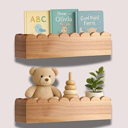 Scalloped Shelves - Set of 2 Pre-Assembled 15.6inch Floating Nursery Book Shelves, Scalloped Book Shelf - Kids Wall Bookshelf, Nursery Decor, Floating Shelves for Wall