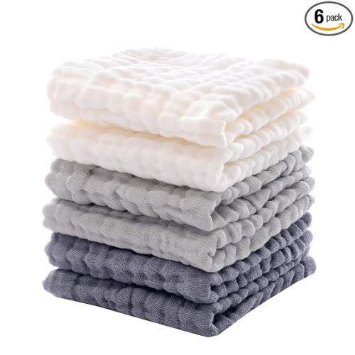 MUKIN Baby Washcloths - Soft Face Cloths for Newborn, Absorbent Bath Face Towels, Baby Wipes, Burp Cloths or Face Towels, Baby Registry as Shower. Pack of 6-12x12 inches (Grey)