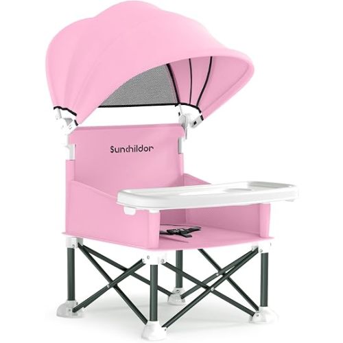 Portable Baby Booster Seat with Removable Tray & Canopy - 3 Point Safety Harness, Compact Fold for Travel, Indoor Outdoor Use for Infants & Toddlers, Pink
