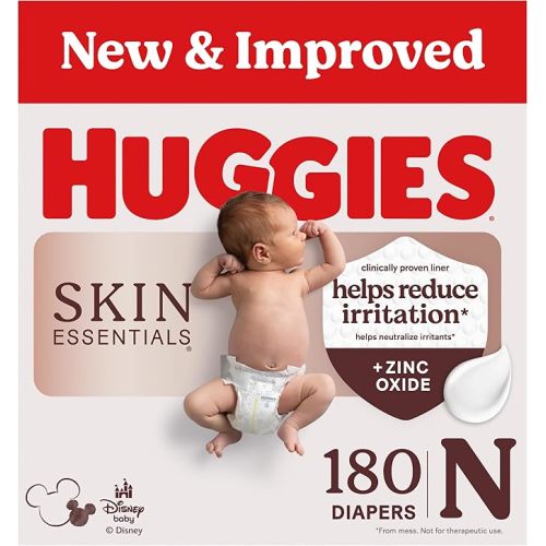 Huggies Size Newborn Diapers, Skin Essentials Baby Diapers, Size Newborn (6-9 lbs), 180 Count (3 Packs of 60), Packaging May Vary