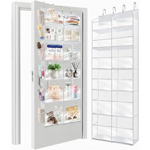 HOMELUX THEORY UPGRADED 6 Tiers Over The Door Organizer Hanging - 100D EXTRA THICK & 50lbs HUGE CAPACITY, 12 Side Mesh Pockets Over The Door Shoe Organizer, Hanging Closet Organizer (Transparent, XL)