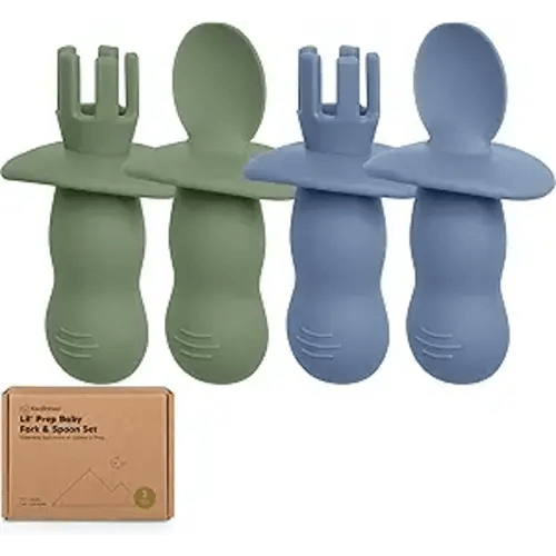 KeaBabies 4-Pack Silicone Baby Spoons and Forks Set - Baby Led Weaning Utensils 6-12 Months, Self Feeding Toddler Spoon & Fork for Training, Teething, Easy to Hold, BPA-Free Silicone (Slate)