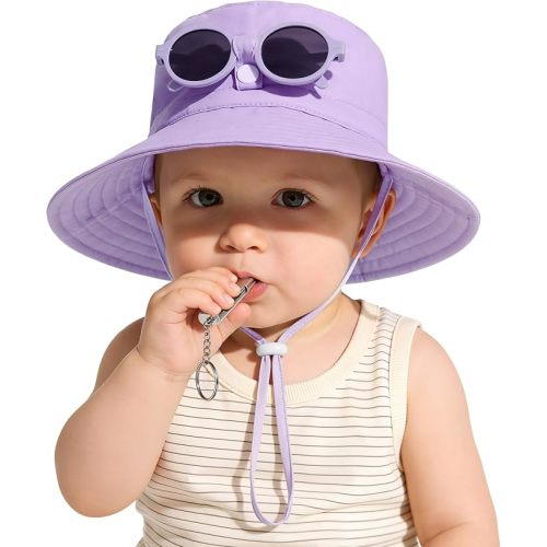 Zando UPF 50+ Baby Girls Boys Sun Hat with Sunglasses Whistle Sun Protection Infant Bucket Hat Newborn Toddler Beach Cap