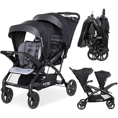 Baby Trend Double Stroller with Canopy Visors, Storage Basket and 2 Cup Holders, Sit N' Stand 2.0 DLX, Stormy – Foldable Infant and Toddler Tandem Stroller and Travel System