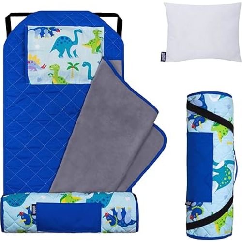 Wildkin Modern Kids Nap Mat – Soft Cotton Blend with Pillow & Elastic Straps for School & Travel - Dinosaur Land