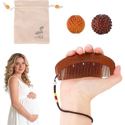 Wooden Labor Comb with 2pcs Acupressure Balls Set, Natural Labor Comb with Acupressure Balls & Cloth Bag Pregnancy Gift accessory and Delivery Essentials for Woman