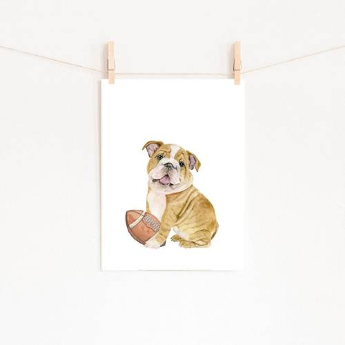 Bulldog Watercolor Nursery Decor PRINTABLE Bulldog Puppy Playing Football Boy Room Nursery Decor Sports Theme Toddler Room Wall Art