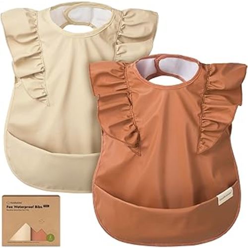 KeaBabies Waterproof Bibs for Baby Girl,Boy – 2-Pack Lightweight, Large Baby Bibs for Eating, Wearable Food Catcher, 6-12 Months Infant Feeding Essentials, Smock for Toddlers 1-3, Kids (Terracotta)