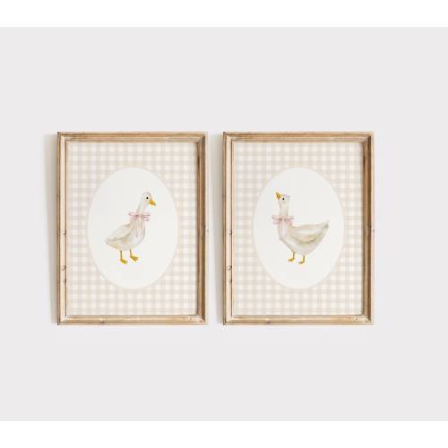 Goose Nursery Print Set, Vintage Goose Nursery Art, Baby Girl Nursery, Duck Gingham Nursery Decor Neutral, Coquette Goose Pink Bow Wall Art