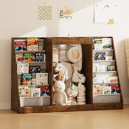 NACHES Montessori Kids Bookshelf with Toy Storage, Extra Book Display Shelves for Toddlers, Front-Facing Book Organizer for Nursery Playroom Bedroom (Rustic Brown)