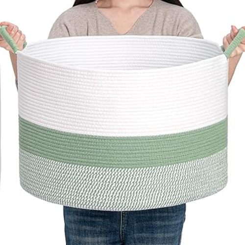 CLHMILY&Z Round Cotton Rope Storage Basket - 22x14.2 Inches - Cute Nursery Bin, Baby Toy Organizer, Green Organizer for Home Decor, Multi-Purpose Home Tidy Solution