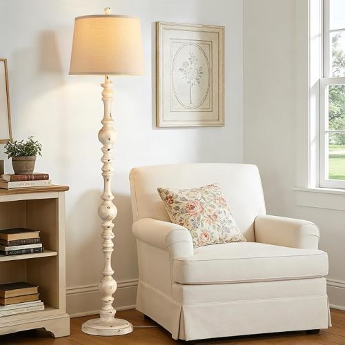 QiMH Vintage Floor Lamp for Living Room,61" Tall Rustic Standing Lamp with Linen Lampshade, Rotary Switch Farmhouse Floor lamp for Bedroom, Corner, Dining Room, Home Decor, Shabby White