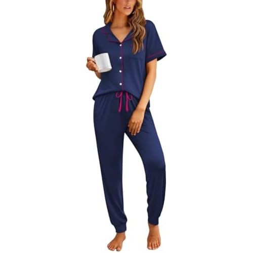 Ekouaer Women Pajama Set Short Sleeve Button Down Pjs Soft Comfy Sleepwear Nightwear with Jogger Pants