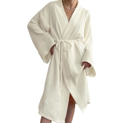 Womens Cotton Gauze Kimono Robes Knee Length Bathrobe Soft Sleepwear Casual Ladies Loungewear