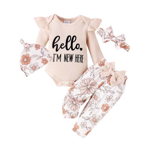 HWJAD Hello I'M New Here Newborn Outfit Baby Girl Going Home Outfit Ruffle Romper Top Floral Pants Set Cute Fall Winter Clothes
