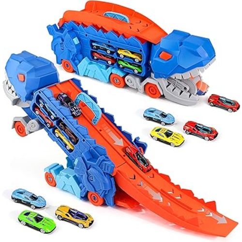 Dinosaur Transport Truck with 6 Racing Cars - Dinosaur Truck with Foldable Sliding Ramp - Dino Birthday Gift Toys for 3 4 5+ Year Old Boy - Toddler & Kids.