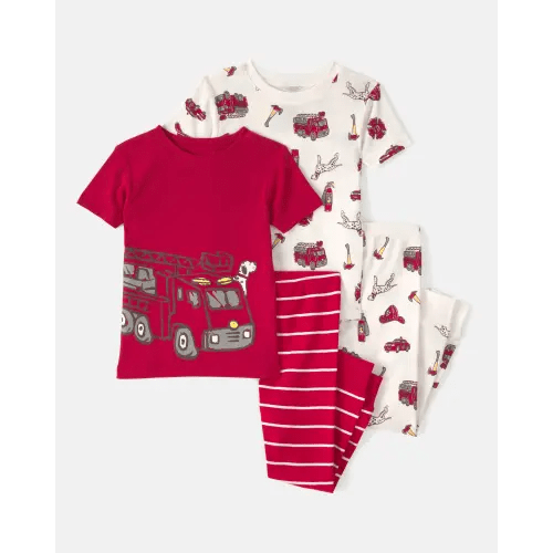 Baby Boy Firetruck Striped 100% Cotton Snug Fit 4-Piece Pajama Set - Red/White | Carter's