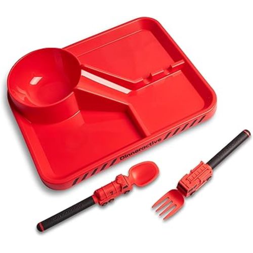 Dinneractive Dining Set For Kids - 3PC Red Firefighter Dinnerware - Fire Truck Utensils - Toddler Plates - Baby Dishes