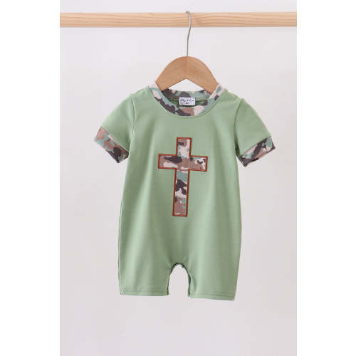 Green camoflage cross applique romper