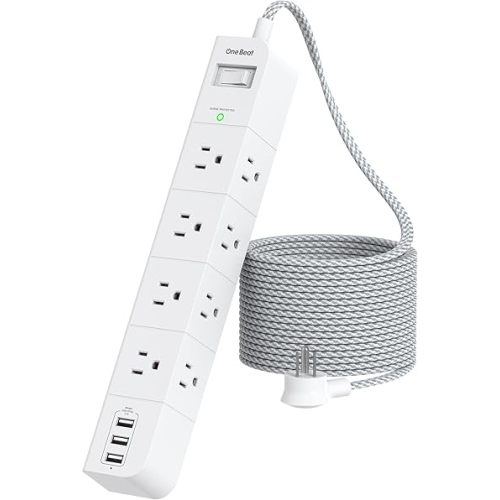 10 ft Extension Cord, Power Strip Surge Protector - 8 Widely AC Outlets 3 USB, Flat Plug, Desktop Charging Station with Overload Protection, Wall Mount for Home, Office, Travel, Computer ETL Listed