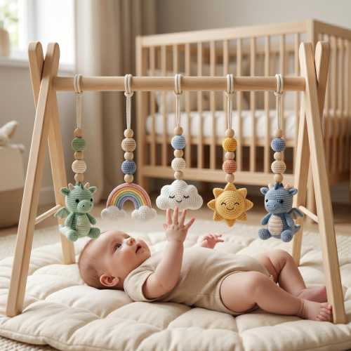 Handmade Custom Dragon Baby Play Gym, Crochet Montessori Baby Gym Toys, Wooden Activity Gym, Neutral Nursery Decor, Baby Shower Gift