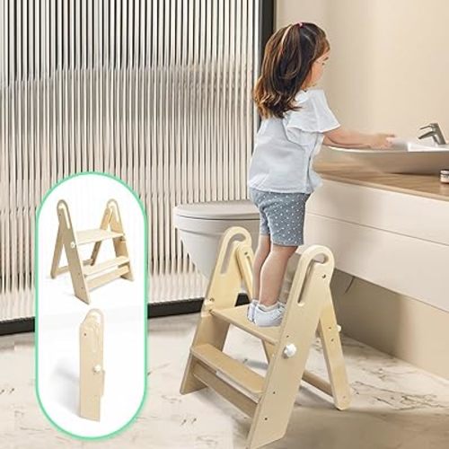 WOOD CITY Step Stool Foldable for Toddlers, Adjustable Kids Step Stool for Bathroom Sink Toilet Potty Training Stool with Handles Child Kitchen Counter Stool Helper Montessori Kitchen Stools