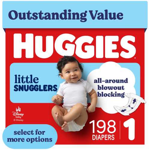 Huggies Little Snugglers, Fragrance Free Baby Diapers Size 1, 198 Count