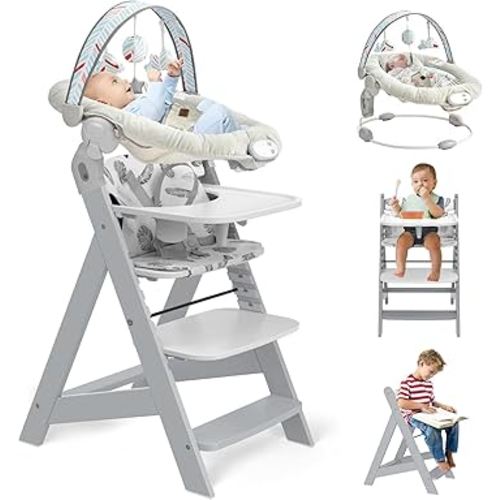 Wooden High Chair with Tray, Adjustable High Chair for Babies Toddler Adult, Convertible Baby Highchair, 5 Point Safety Harness & Soft Cushion & 3 Toys, Adjustable Footrest & Infant Bouncer, Grey