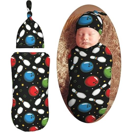 Bowling Balls and Pins Sport Newborn Swaddle Blankets Hat Sets Soft Baby Receiving Blanket Swaddle Sack for Baby Shower Infant Boy Girl Gift
