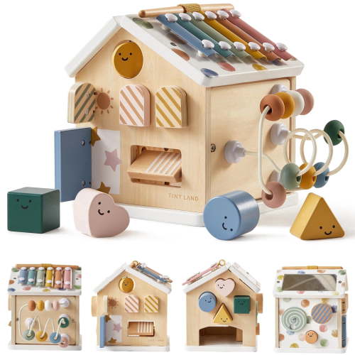 Tiny Land 9-in-1 Wooden Activity Cube for Toddlers, Montessori Learning Toys with Bead Maze Shape Sorter, Educational Baby Toys 1 2 3 Year Old Girl Boy Gift